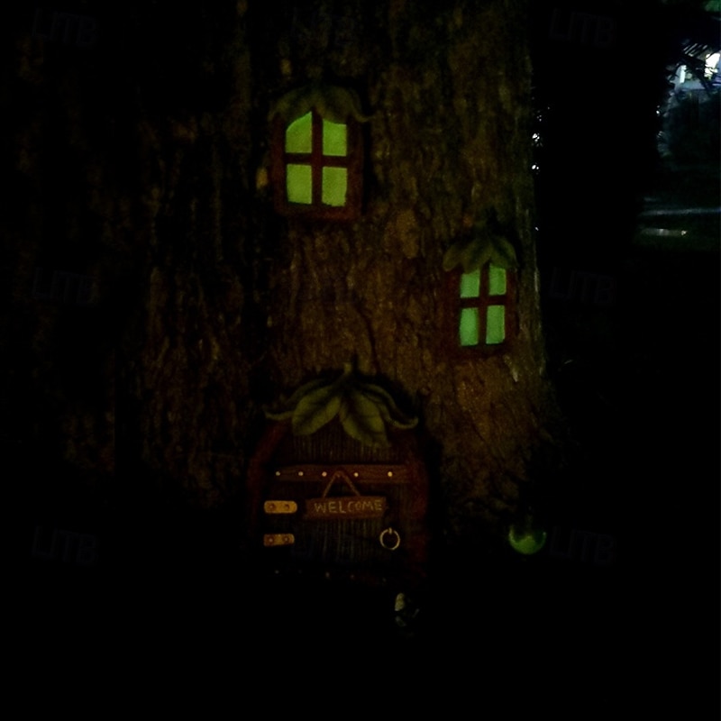Fairy Door and Windows for Trees 4 PCS, Glow in The Dark Yard Art Sculpture Decoration for Kids Room, Wall and Trees Outdoor, Miniature Fairy Garden Outdoor Decor Accessories3