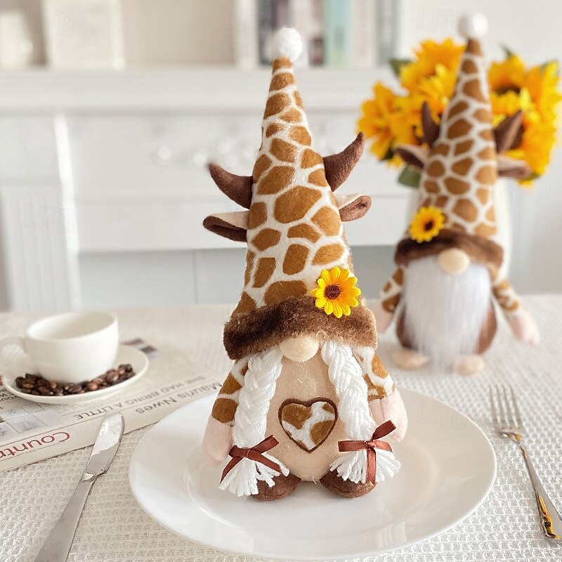 Bee Day Gnome Gift Decoration Adorable Sunflower Giraffe Hat Themed Plush Doll Figurine with Rudolph and Faceless Doll Design, Perfect for Couple's Home Decor2