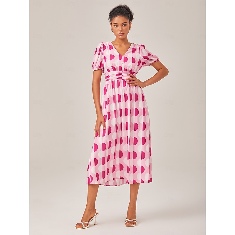 Pink Polka Dot Geometric Print Cinched Waist Dress4