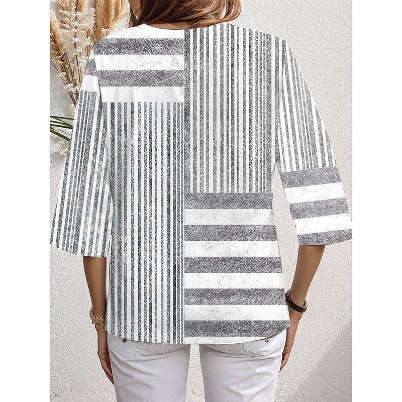 Women's Blouse Long Sleeve Asymmetrical Hem Graphic Striped Stylish Beach Short Sleeve V Neck Regular Tops Daily Print Pink Blue Gray Spring Fall4