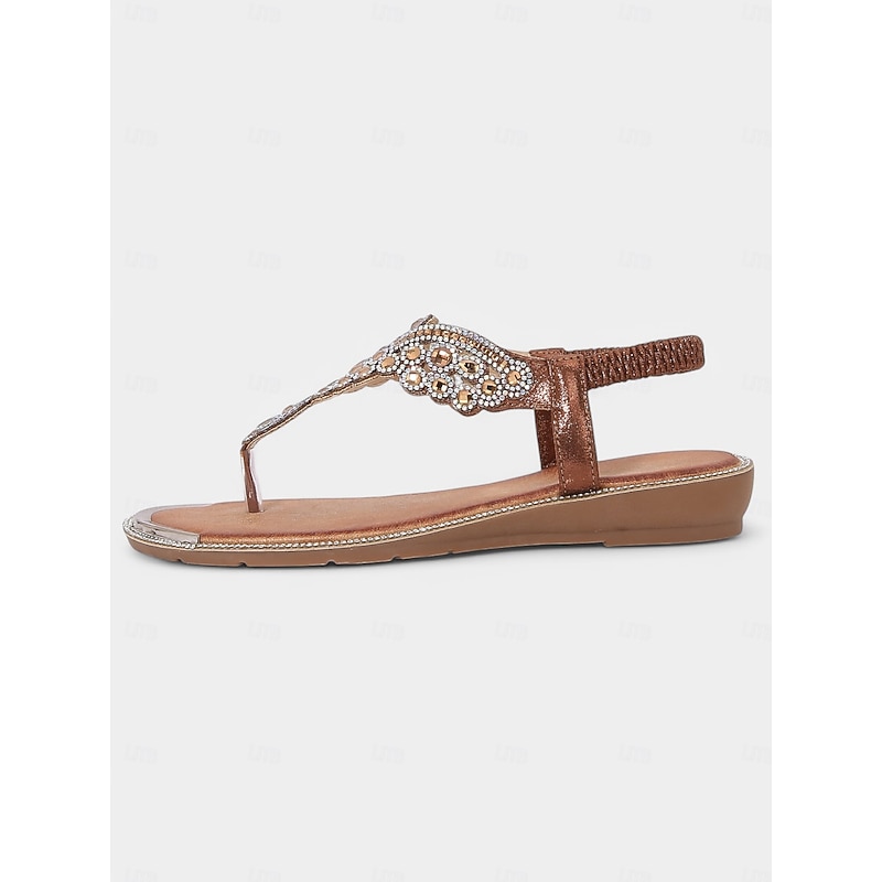 Women's Boho - Style Embellished Brown Sandals – Crystal - Adorned Flat Thong Footwear for Summer Festivals, Beach Trips and Casual Gatherings4