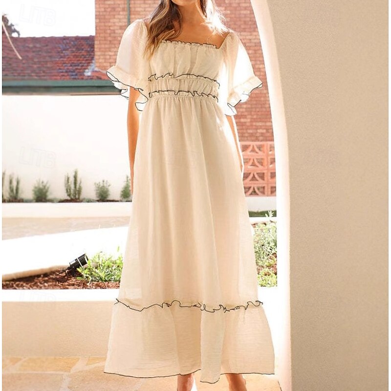 Retro Vintage Medieval Renaissance Midi Dress Puff Sleeve Regency Inspired Solid Color Fancy Dress Women's Fantasy Wedding Vacation Casual Daily Adults' Spring & Summer