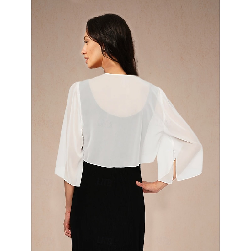 Women's Flowy Tops Chiffon Tops Solid Color Elegant 3/4 Length Sleeve Asymmetrical Crop Tops Wedding Guest White Summer Spring Fall2