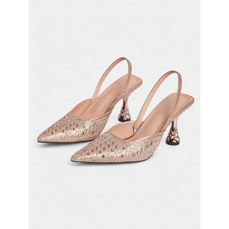 Women's Rose Gold Rhinestone Slingback Heels with Geometric Heel – Luxury Evening & Date Night Shoes3