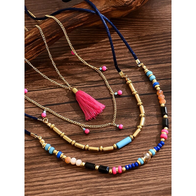Boho Layered Beaded Necklace Set for Women – Colorful Handmade Tassel Pendant Choker, Beach Festival Jewelry for Summer & Vacations2