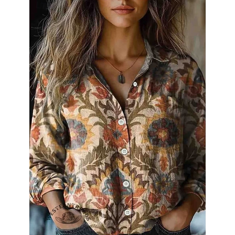 Women's Shirt Button Down Tunic Shirt Collar Long Sleeve Graphic Casual Regular Tops Work Daily s Print Red Blue Green Khaki Spring Fall Winter3