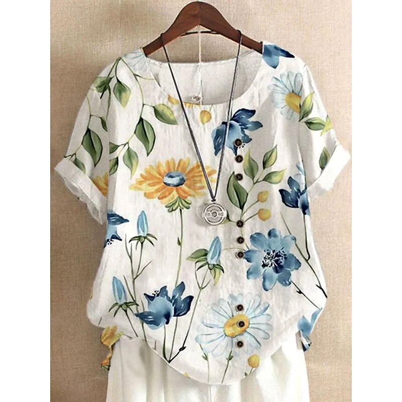 Women's Shirt Blouse Floral Graphic Elegant Daily Short Sleeve Crew Neck Regular Tops Daily Linen Like Print Light Blue Summer