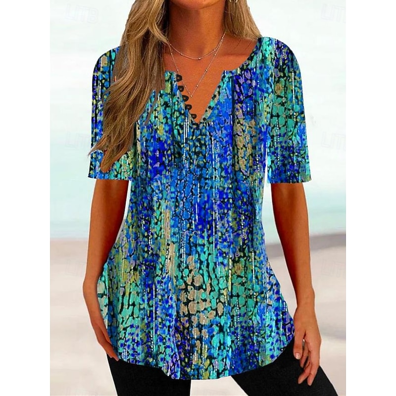 Women's T Shirt Ombre Floral Basic Short Sleeve Round Neck Regular Tops Daily Going out Weekend Buttons Print Blue Purple Fuchsia Summer Spring2