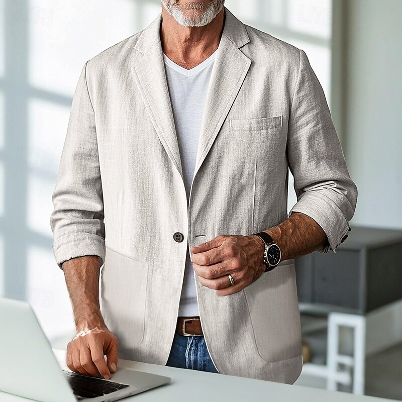 Men's Linen Blazer Blazer Business Cocktail Party Wedding Party Fashion Casual Spring &  Fall Polyester Linen Plain Pocket Buttons Comfortable Single Breasted One-button Blazer Black Burgundy Dark