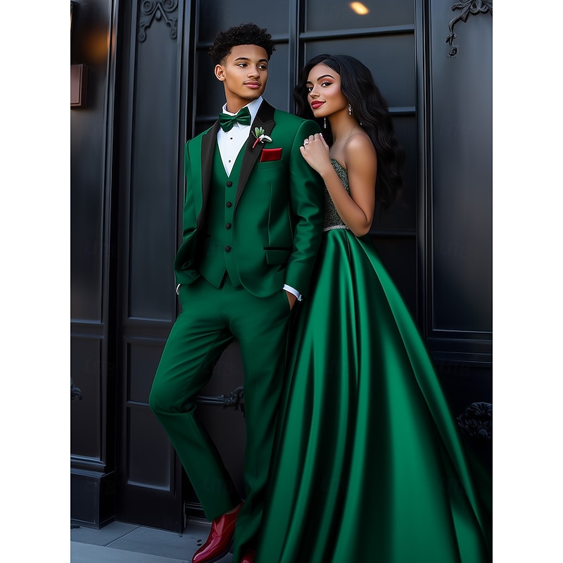 Men's Wedding Party Party Suits Peaked Lapel Dark Green Fashion Business Solid Colored Standard Fit 3 Piece Single Breasted One-button