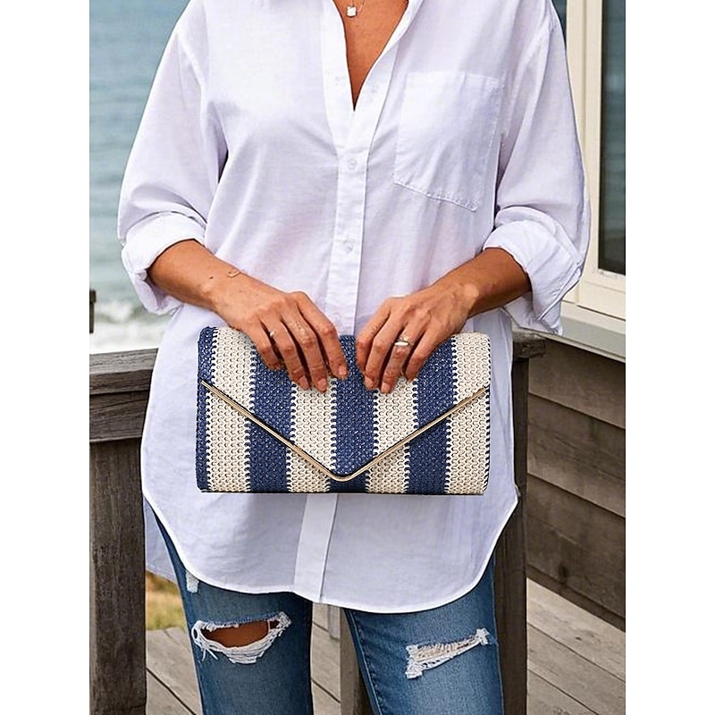 Women's Striped Woven Envelope Clutch - With chain, can be carried on one shoulder or crossbody, fashionable and versatile, suitable for beach parties and daily use Black Red Khaki2
