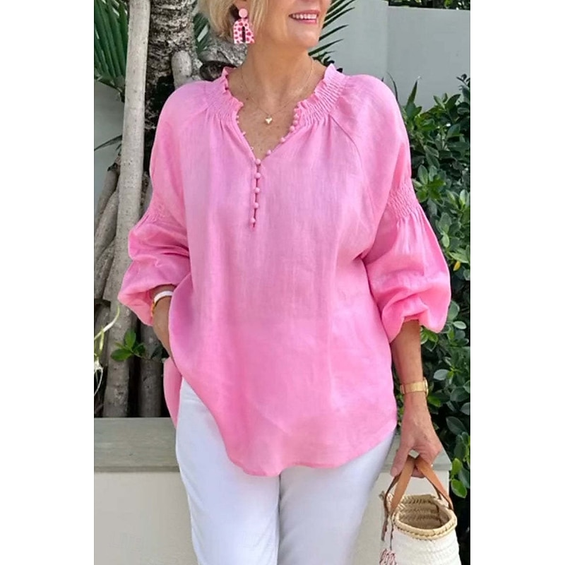Women's Shirt Linen Shirt Cotton Linen Shirts Plain Stylish Modern Long Sleeve V Neck Regular Tops Holiday Going out Ruched Black White Pink Summer
