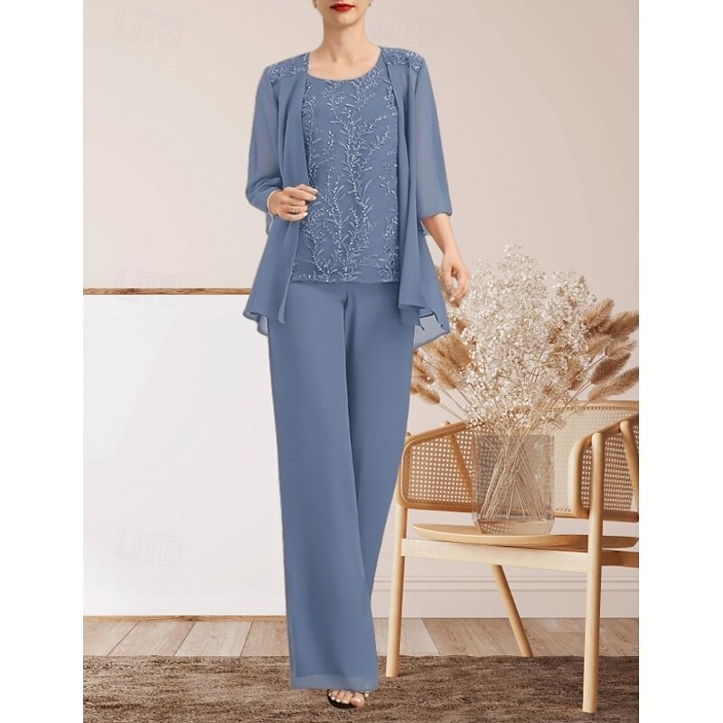 Pantsuit 3 Piece Mother of the Bride Dress Wedding Guest Elegant Crew Neck Floor Length Chiffon Lace 3/4 Length Sleeve with Lace