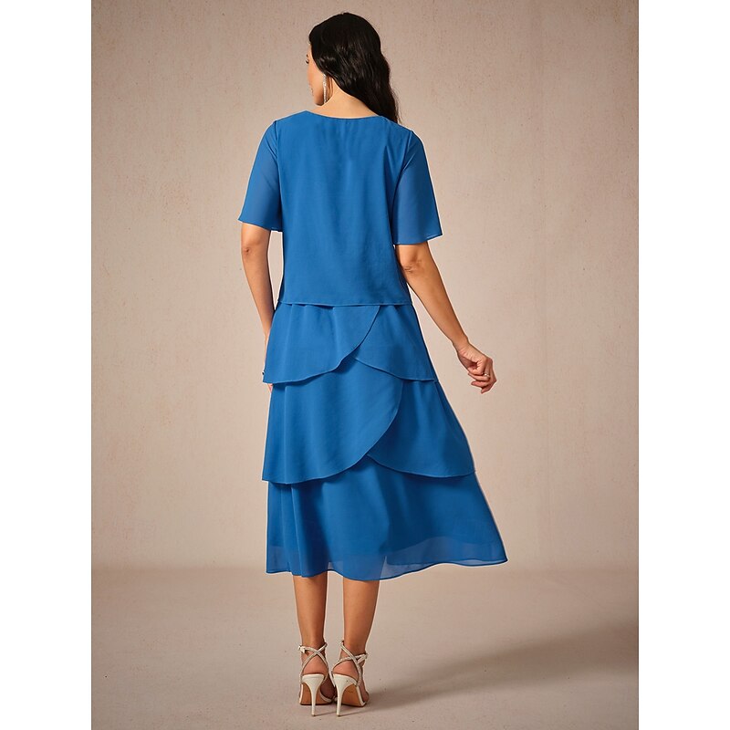 Women's Knee Length Dress Chiffon Dress Elegant Stylish Flowy Wedding Wedding Guest Loose Fit Solid Color Short Sleeve V Neck Royal Blue Summer Spring3