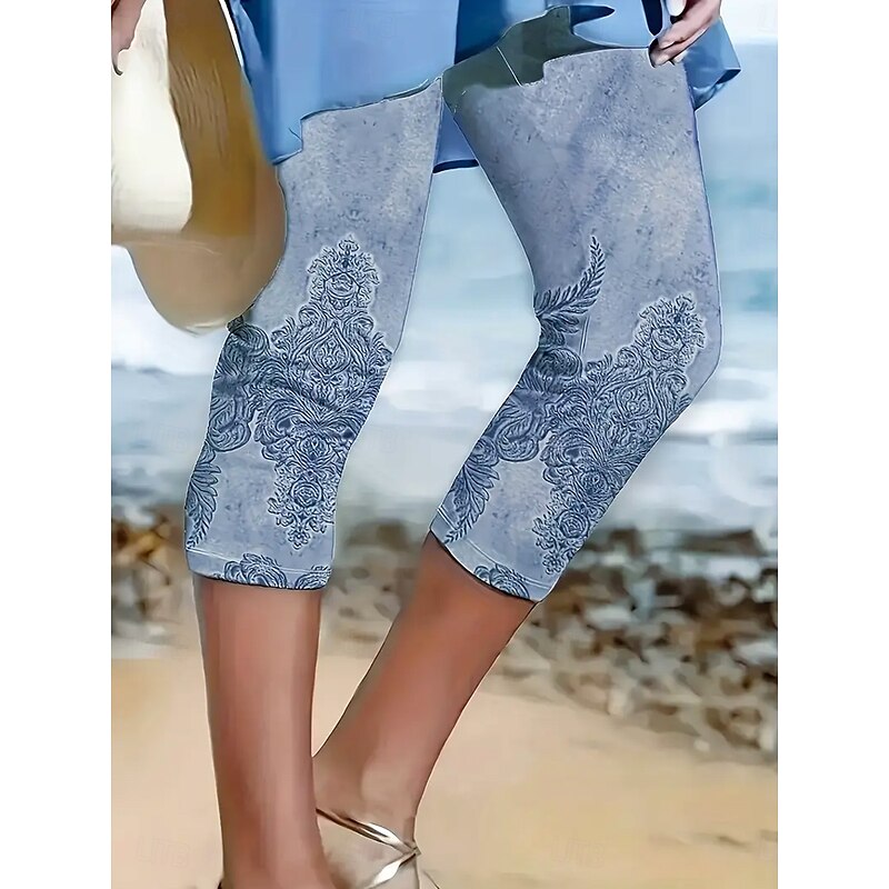 Women's Leggings Capri Pants High Elasticity Vacation Fashion Hawaiian Calf-Length Mid Waist Floral Graphic Printing Breathable Soft  Vacation Casual Daily Robin's Egg Blue Summer Spring Regular Fit