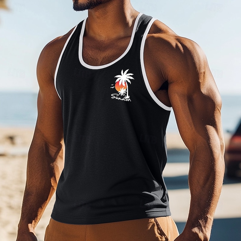 Men's Tank Top Vest Top Sleeveless Shirt Muscle Shirt Sleeveless Crew Neck Summer Coconut Tree Sports Fashion Comfortable Print Casual Beach Black White Green Top Tee for Men