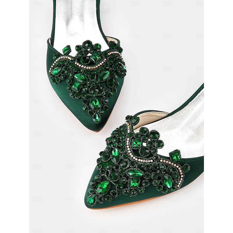 Green Gemstone Embellished Pointed-Toe Flats – Vintage Style Women's Wedding & Evening Shoes4
