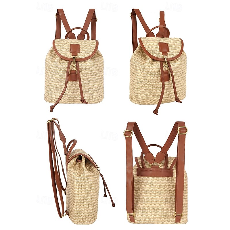 Straw Backpack for Women – Boho Woven Rattan Travel Bag with Leather Straps, Chic Summer Beach Rucksack, Casual Vacation & Daily Use Handbag White Pink Brown3