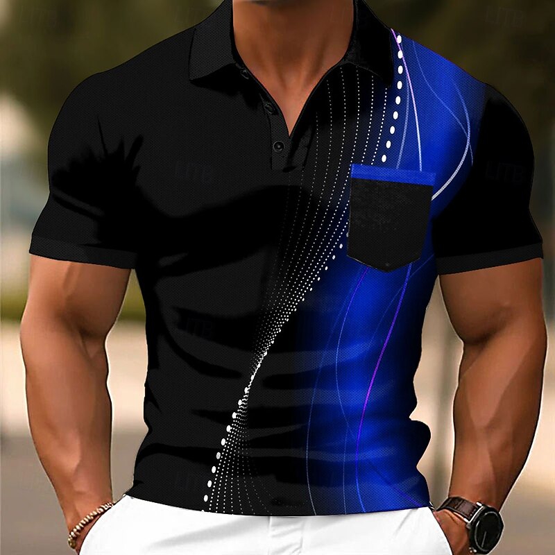 Men's Geometic Line Polo Short Sleeve Polo Shirts Collared Shirts Business Casual Outdoor Athleisure Daily Wear 3D Print Buttons Summer Red Blue Green3