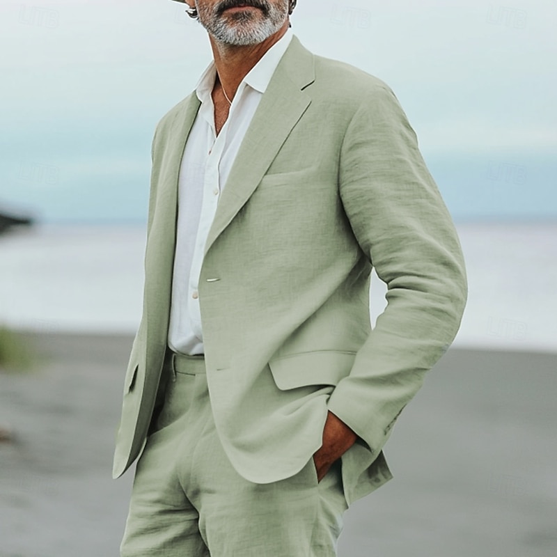 Men's Casual Beach Wedding Linen Suits Notch Lapel Sky Blue Sage Fashion Daily Solid Colored Standard Fit 2 Piece Single Breasted Two-buttons3