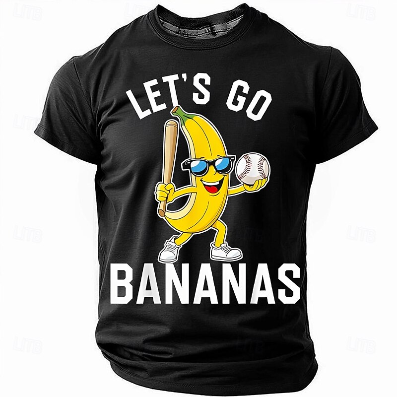 Men's Short Sleeve Graphic T-Shirt: 'LET'S GO BANANAS' Funny Baseball Banana Pun4