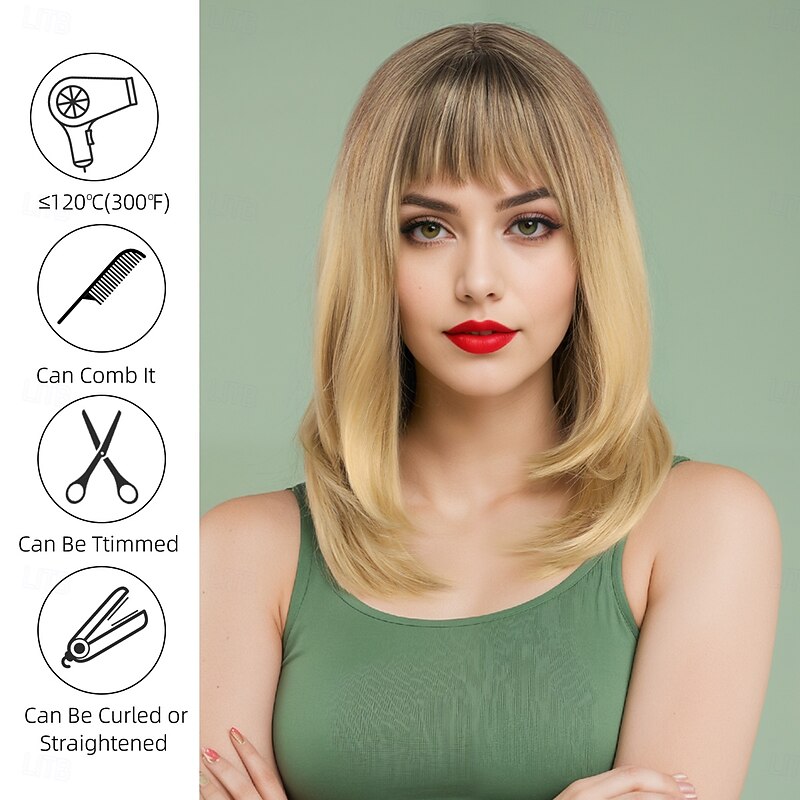 Synthetic Wig Body Wave Curly Weave Asymmetrical Neat Bang Machine Made Wig 18 inch A1 Synthetic Hair Women's Classic Comfortable Color Gradient Yellow3