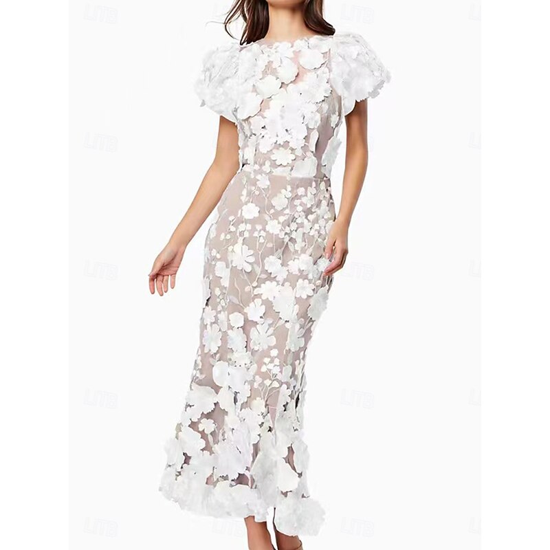 Mermaid Floral Embroidered Lace Dresses Elegant Dress Wedding Wedding Guest Ankle Length Short Sleeve Crew Neck Dress3