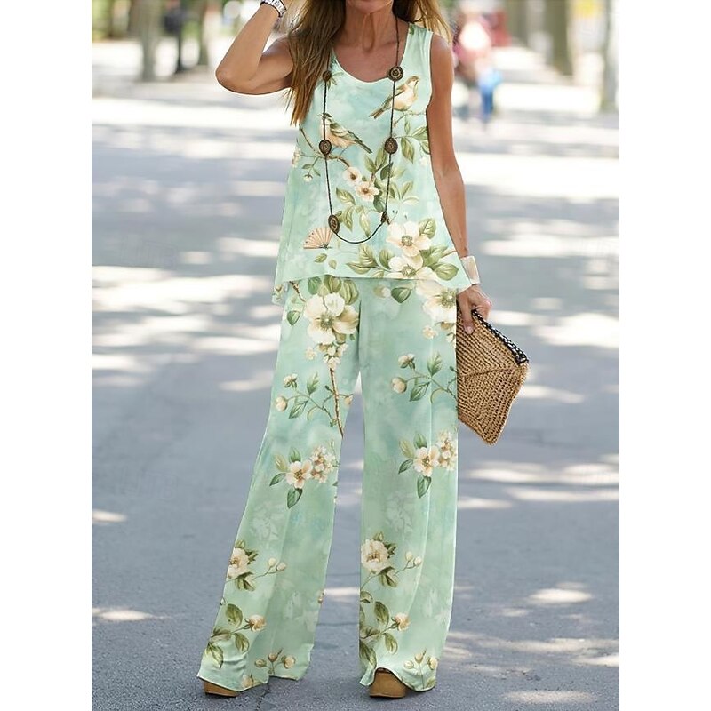 Women's Pant Set Vacation Fashion Daily Vest Sleeveless Crew Neck Geometric Vacation Casual Daily White Yellow Light Green Summer Regular Fit3