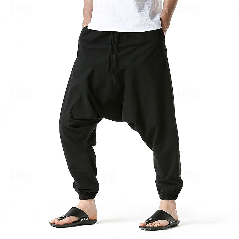 Men's Linen Pants Trousers Summer Pants Baggy Harem Pants Pocket Drawstring Elastic Waist Plain Comfort Breathable Full Length Outdoor Yoga Gym Fashion Retro Vintage Black Navy Blue3