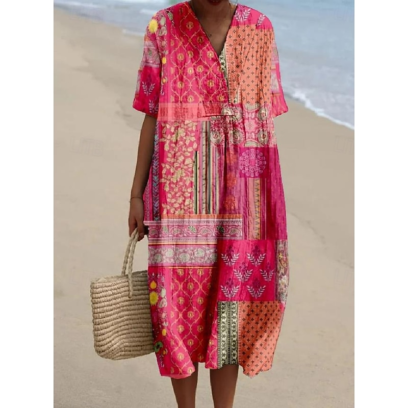 Women's Midi Dress Sundress Vacation Casual Beach Daily Going out Loose Fit Graphic Tribal Short Sleeve V Neck Pink Purple Green Summer