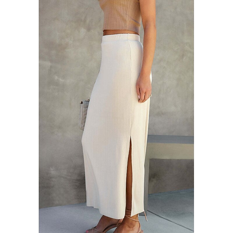 Women's Skirt Bodycon Casual Midi Mid Rise Skirts Plain Split Ends Micro-elastic Street Going out Black White Camel Summer Polyester4