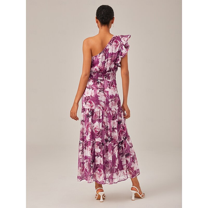 Women's Jumper Dress Flapper Dress Midi Dress Purple Sleeveless Floral Ruffle Off Shoulder Puff Sleeve Summer Surplice Neck Elegant Fashion S M L3