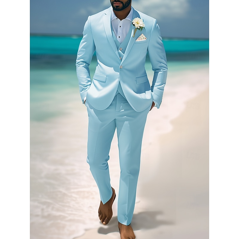 Men's Casual Beach Wedding Suits Notch Lapel Sky Blue Fashion Casual Solid Colored Standard Fit 3 Piece Single Breasted One-button