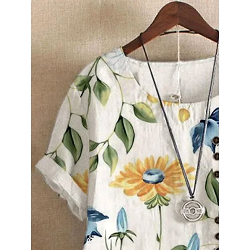 Women's Shirt Blouse Floral Graphic Elegant Daily Short Sleeve Crew Neck Regular Tops Daily Linen Like Print Light Blue Summer2