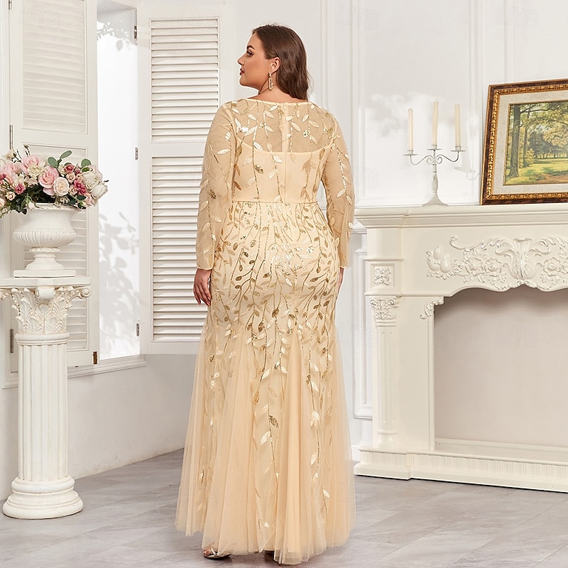 Mermaid / Trumpet Evening Gown Sparkle Formal Dress Formal Floor Length Long Sleeve Crew Neck Champagne Mother Of the Bride Dress Tulle with Embroidery 20252