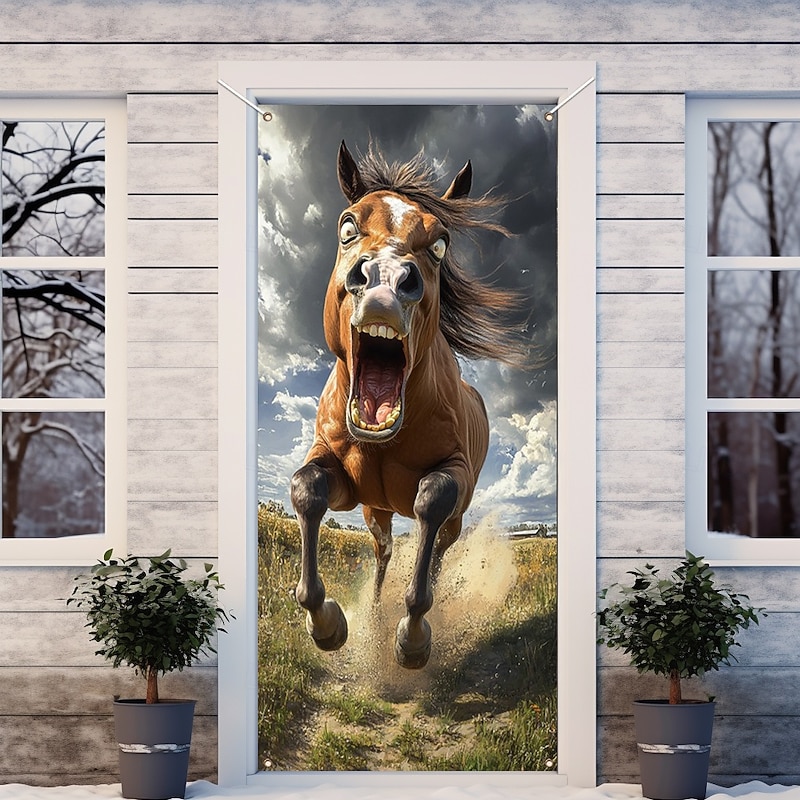 Funny Animal Door Decorations Door Covers Horse Door Tapestry Door Curtain Decoration Backdrop Indoor/Outdoor Door Banner for Front Door Farmhouse4