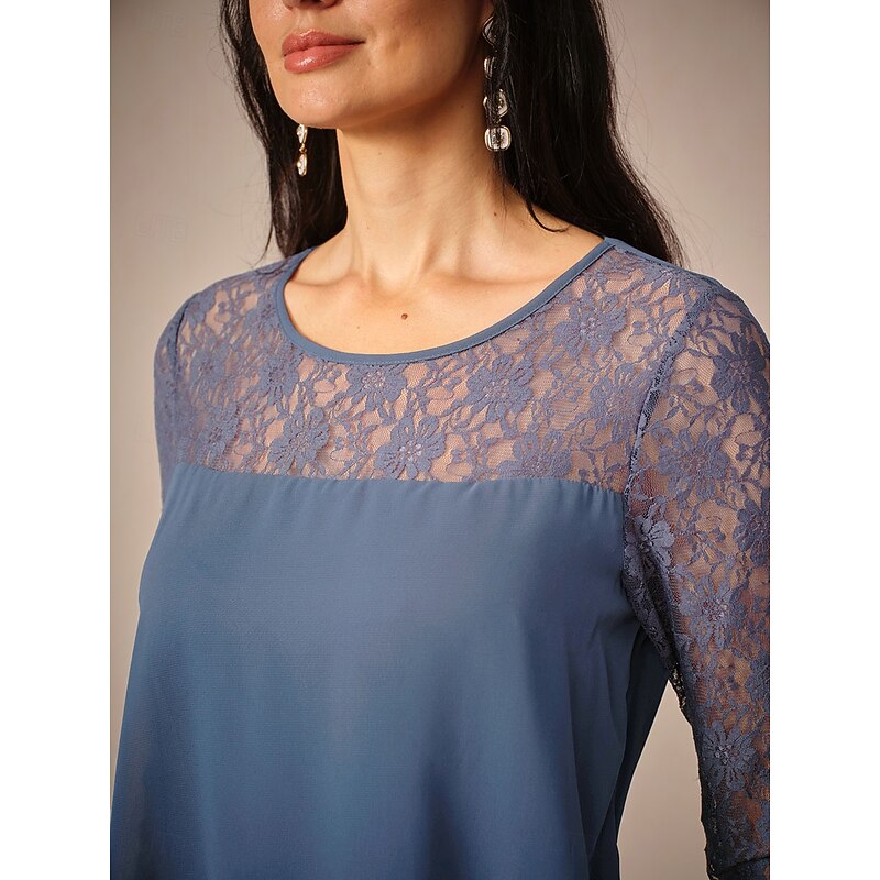 Women's Tea Length Lace Dress Party Dress Cocktail Dress Wedding Guest Dress Elegant Party Vacation Wedding Guest Cocktail Party Regular Fit Solid Color 3/4 Length Sleeve Crew Neck Dusty Blue Spring3