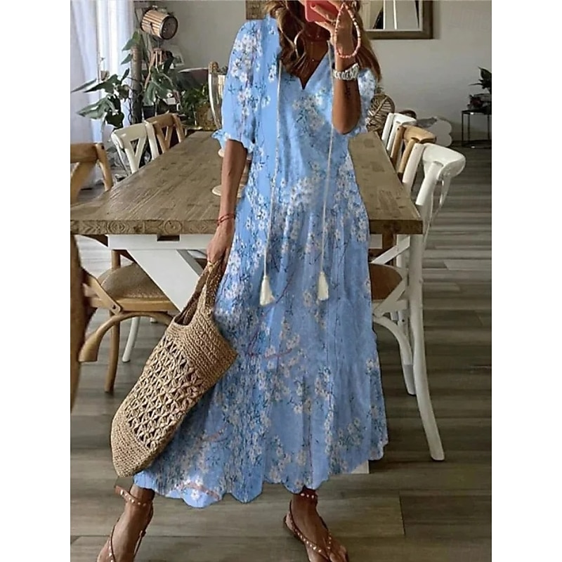Women's Long Dress Maxi Dress Boho Dress Print Dress Peplum Dresses Romantic Classic Elegant Dress Puff Sleeve Vacation Going out Spring Dress Loose Fit Graphic Flower Half Sleeve V Neck White Pink3
