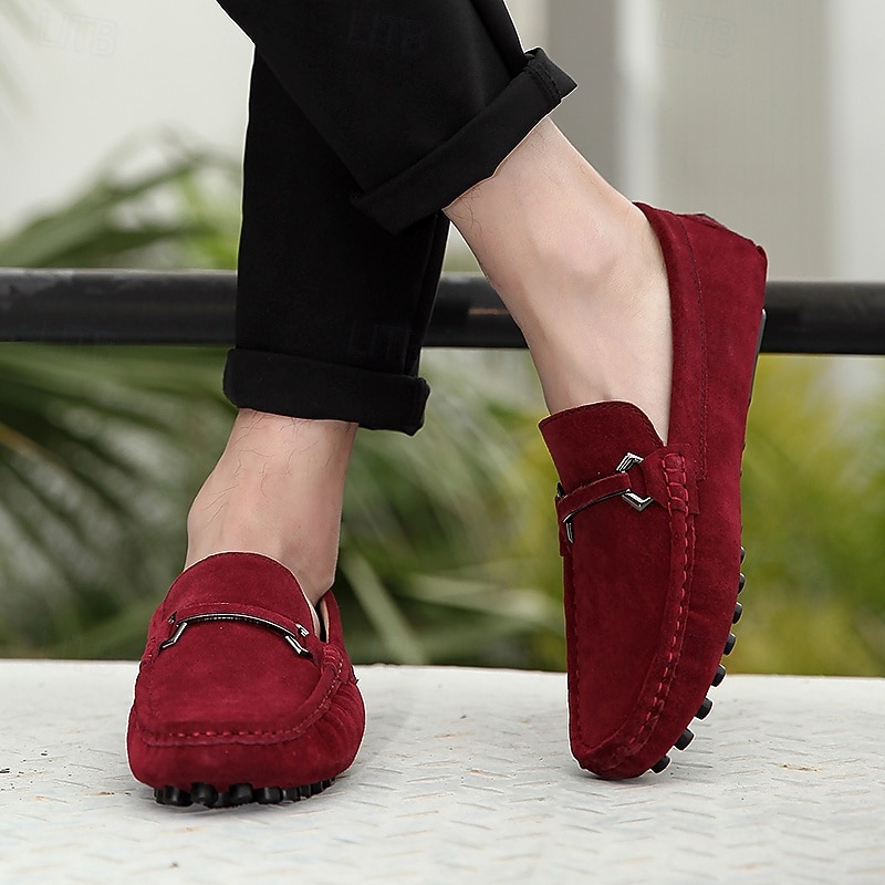 Men's Suede Driving Moccasins, Rich Burgundy with Classic Bit Buckle, Luxurious Comfort Casual Shoes2