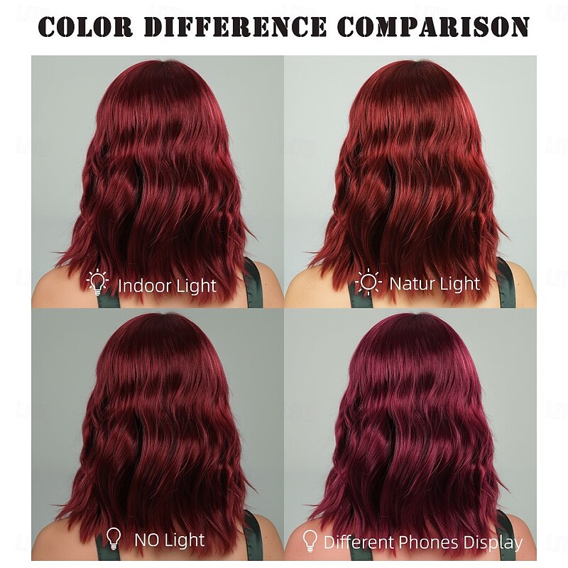 Synthetic Wig Wavy Water Wave Asymmetrical Neat Bang Machine Made Wig 16 inch A1 Synthetic Hair Women's Comfortable Color Gradient Highlighted / Balayage Hair Burgundy3