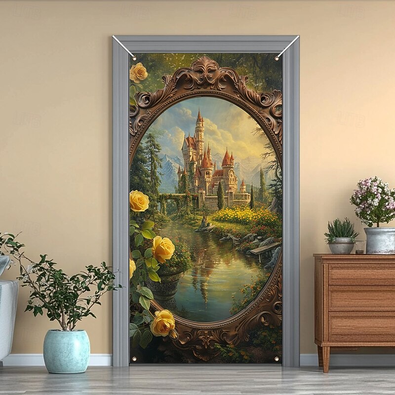 Castle in Mirror Door Decorations Door Covers Door Tapestry Door Curtain Decoration Backdrop Indoor/Outdoor Door Banner for Front Door Farmhouse3