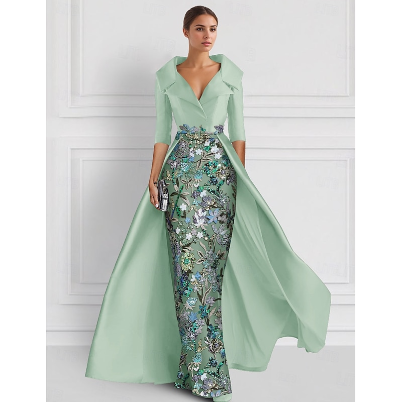 Embroidered Ball Gown A-Line Evening Gown Elegant Dress Formal Wedding Floor Length Half Sleeve Shirt Collar Satin with Slit Appliques 16