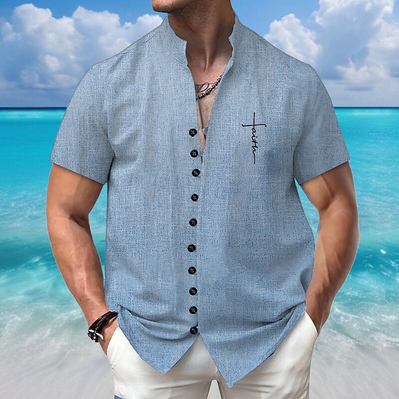Men's Letter Printed Faith Shirt Summer Hawaiian Shirt Stand Collar Shirt Short Sleeves Hawaiian Vacation Beach Wear Grandad Collar Mandarin Collar Button Up 3D Print Linen Like Shirt Pink Blue Green
