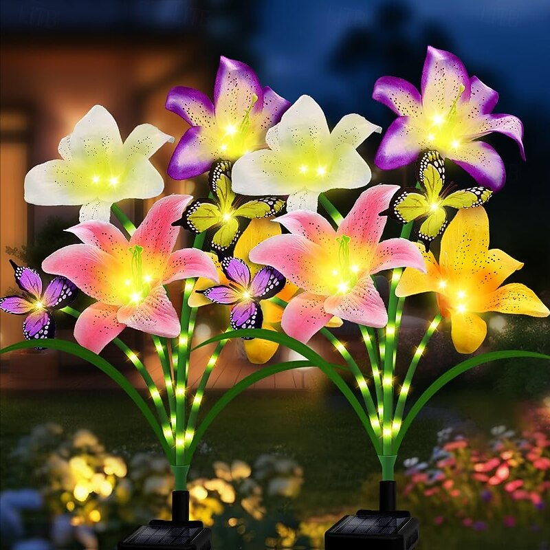 1 Pc outdoor solar simulation butterfly lily flower ground plug-in light pole glowing courtyard garden park path lawn wedding festival party memorial decoration light in front of tombstone2