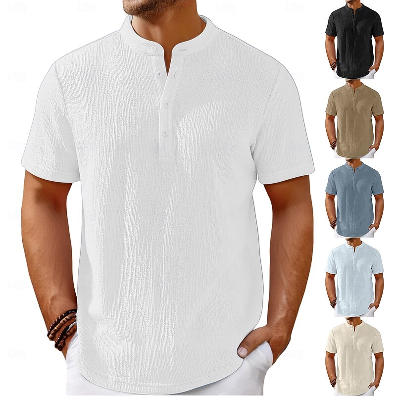 Men's Shirt Summer Shirt Casual Shirt Beach Shirt Button Up Shirt Black White Navy Blue khaki Beige Short Sleeve Plain Band Collar Vacation Daily Clothing Apparel Fashion Casual Comfortable
