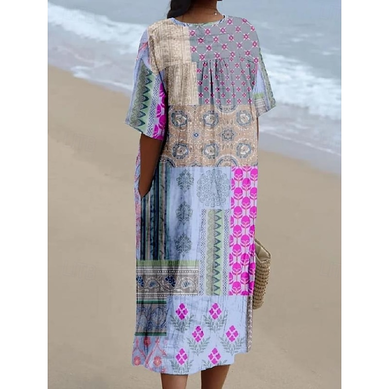 Women's Midi Dress Sundress Vacation Casual Beach Daily Going out Loose Fit Graphic Tribal Short Sleeve V Neck Pink Purple Green Summer4