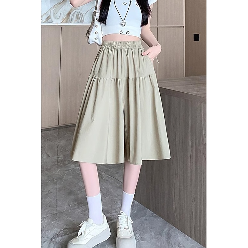 Women's Cotton Linen Shorts Wide Leg Shorts Fashion Streetwear Knee Length Natural Plain Pocket Elastic Waist Breathability Comfortable Micro-elastic Vacation Street Black Khaki Beige Summer Regular2