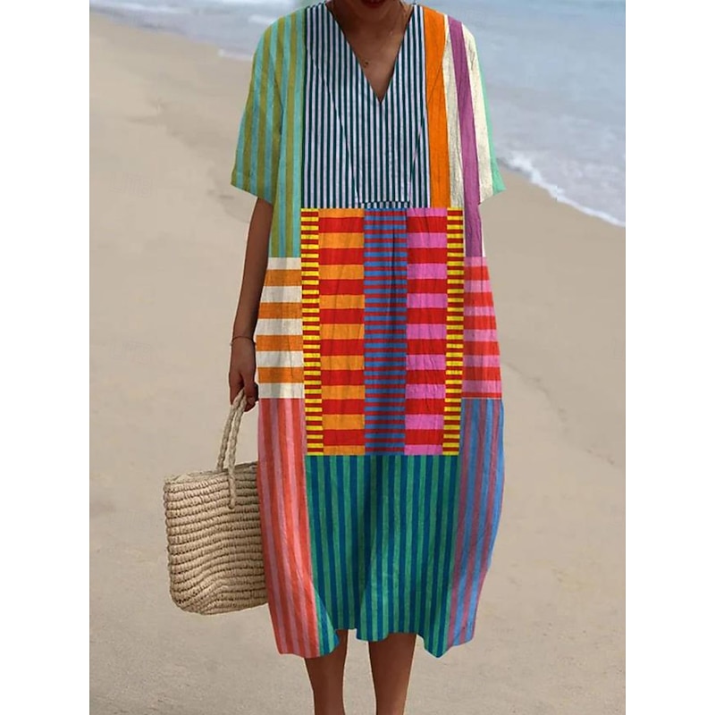 Women's Midi Dress Sundress A Line Dress Linen Vacation Casual Beach Going out Loose Fit Graphic Geometric Short Sleeve V Neck Pink Blue Khaki Summer