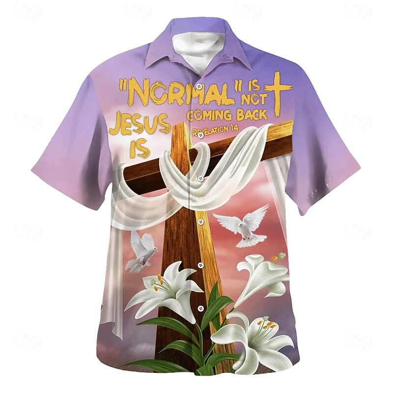 Easter Men's Templar Cross Lily Flowers Shirt Casual Shirt Button Up Shirt Short Sleeve Vintage Retro Vacation Holiday Festival Summer Spring Turndown 3D Print Collared Shirts Purple