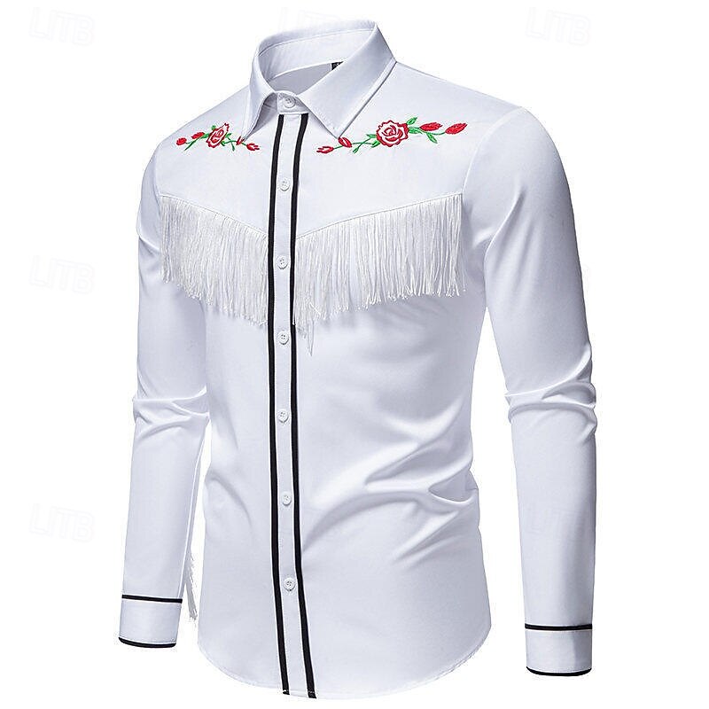 Men's Shirt Summer Shirt Casual Shirt Beach Shirt Button Up Shirt Black White Long Sleeve Floral Lapel Vacation Hawaiian Tassel Fringe Clothing Apparel Polyester Fashion Casual Comfortable2